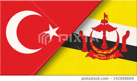 Double flag of Turkey and Brunei on fabric texture - 3D illustration Double flag of Turkey and Brunei on fabric texture - 3D illustration 142898669