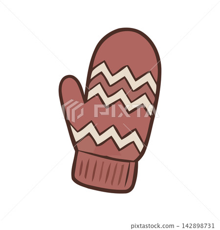 Simple hand-drawn illustration of a cozy knit mitten featuring stylish zig-zag stripes for seasonal design projects. Simple hand-drawn illustration of a cozy knit mitten featuring stylish zig-zag stripes for seasonal design projects. 142898731