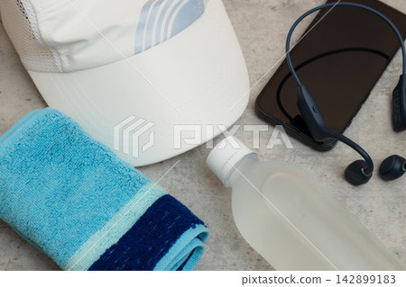 Stock photos of essential items for running; summer heatstroke prevention. Stock photos of essential items for running; summer heatstroke prevention. 142899183