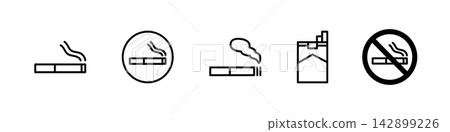 Cigarette icon set: Smoking, Smoking area, No smoking, Box Cigarette icon set: Smoking, Smoking area, No smoking, Box 142899226