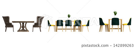 table isolated on transparent background, 3D illustration, cg render, set table isolated on transparent background, 3D illustration, cg render, set 142899263