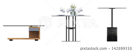 table isolated on transparent background, 3D illustration, cg render, set table isolated on transparent background, 3D illustration, cg render, set 142899310