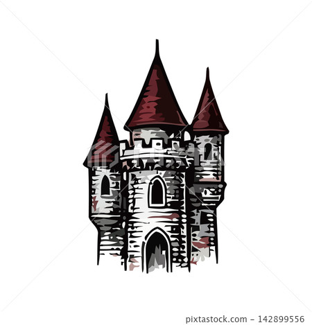 Detailed retro drawing of a fairytale castle structure, perfect for gothic or historical themed projects. 142899556