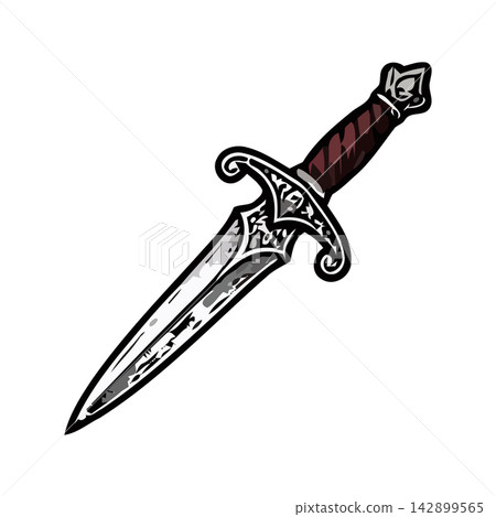 Detailed black ink drawing of a classic curved sword, perfect for historical comics or vintage tattoo designs. Detailed black ink drawing of a classic curved sword, perfect for historical comics or vintage tattoo designs. 142899565