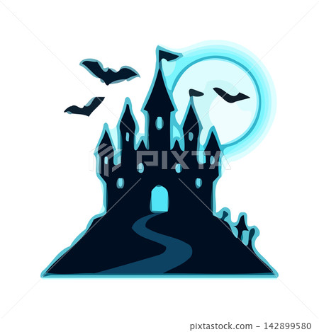 Stunning vector illustration of a magical fairytale castle silhouette under a glowing full moon. Perfect for fantasy design. Stunning vector illustration of a magical fairytale castle silhouette under a glowing full moon. Perfect for fantasy design. 142899580