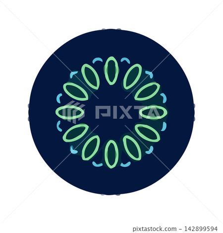 Perfect minimalist circular frame using vibrant green leaves against a deep blue background. Ideal for modern logos, badges, or emblems. 142899594