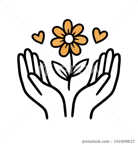 Simple vector drawing of cupped hands catching falling floral petals, symbolizing growth and care. Simple vector drawing of cupped hands catching falling floral petals, symbolizing growth and care. 142899627