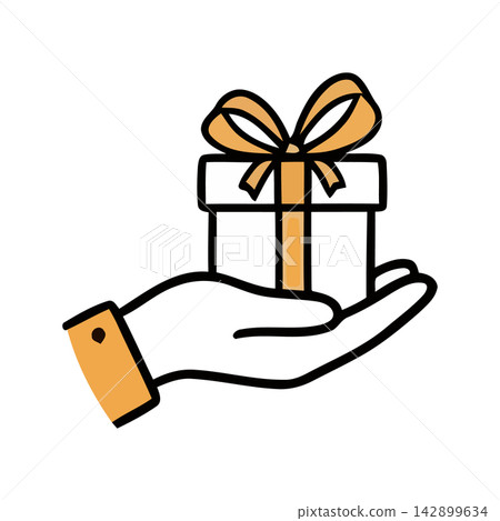 Minimalist line art drawing of a hand presenting a gift box tied with decorative ribbon, symbolizing care or present. Minimalist line art drawing of a hand presenting a gift box tied with decorative ribbon, symbolizing care or present. 142899634