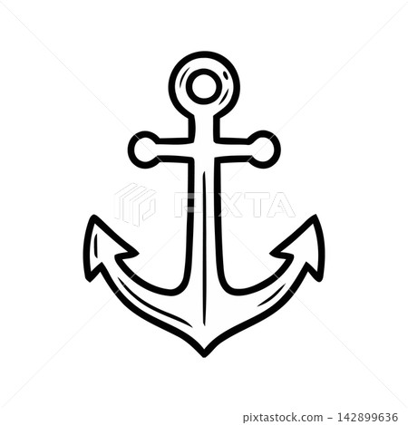 Minimalist line drawing of a classic fishing hook anchor, perfect for marine themed designs or travel branding. Minimalist line drawing of a classic fishing hook anchor, perfect for marine themed designs or travel branding. 142899636