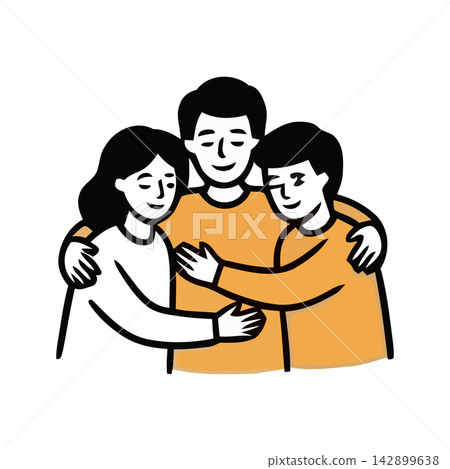 Stylized line art of three people embracing or standing together. Perfect representation of joy, support, and companionship. Stylized line art of three people embracing or standing together. Perfect representation of joy, support, and companionship. 142899638