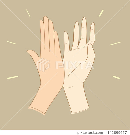 A stylish line drawing illustration of hands high-fiving to represent cooperation and success. A stylish line drawing illustration of hands high-fiving to represent cooperation and success. 142899657