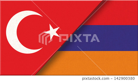 Double flag of Turkey and Armenia on fabric texture - 3D illustration Double flag of Turkey and Armenia on fabric texture - 3D illustration 142900380