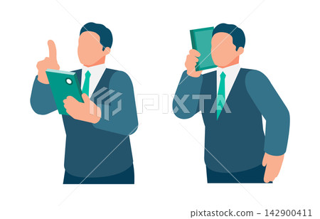 An illustration of a businessman using a smartphone to make a call. An illustration of a businessman using a smartphone to make a call. 142900411
