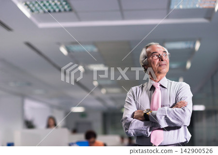 Confident Middle Eastern executive in modern office with arms crossed leading corporate team in open-plan workspace Confident Middle Eastern executive in modern office with arms crossed leading corporate team in open-plan workspace 142900526
