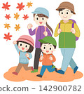 An illustration of a family hiking in the fall. 142900782