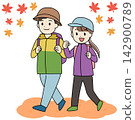 An illustration of a young man and woman hiking and traveling in the fall. 142900789