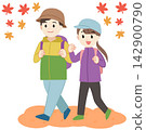 An illustration of a young man and woman hiking and traveling in the fall. 142900790