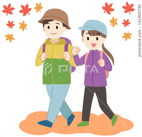 An illustration of a young man and woman hiking and traveling in the fall. An illustration of a young man and woman hiking and traveling in the fall. 142900790