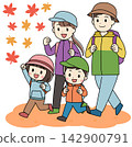 An illustration of a family hiking in the fall. 142900791