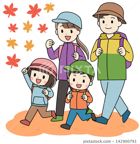 An illustration of a family hiking in the fall. An illustration of a family hiking in the fall. 142900791