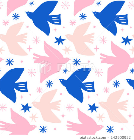 Blue and pink seamless Christmas pattern with hand-drawn birds, stars and snowflakes. Scandinavian Blue and pink seamless Christmas pattern with hand-drawn birds, stars and snowflakes. Scandinavian 142900932