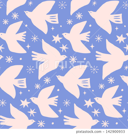 Pastel seamless Christmas pattern with hand-drawn birds, stars and snowflakes. Scandinavian folk-art Pastel seamless Christmas pattern with hand-drawn birds, stars and snowflakes. Scandinavian folk-art 142900933