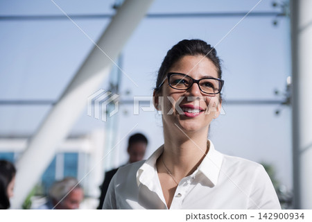 Middle Eastern businesswoman smiling in modern open-plan office during startup meeting with colleagues Middle Eastern businesswoman smiling in modern open-plan office during startup meeting with colleagues 142900934