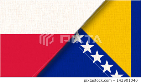Double flag of Poland and Bosnia and Herzegovina on fabric - 3D illustration. Double flag of Poland and Bosnia and Herzegovina on fabric - 3D illustration. 142901040