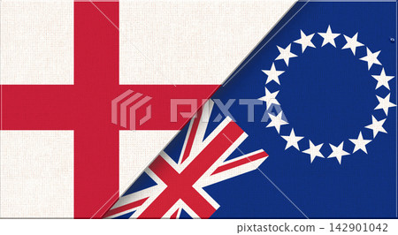 Double flag of England and Cook Islands on fabric texture - 3D illustration. Double flag of England and Cook Islands on fabric texture - 3D illustration. 142901042