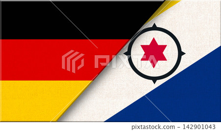 Double flag of Germany and Bonaire on fabric texture - 3D illustration. Double flag of Germany and Bonaire on fabric texture - 3D illustration. 142901043