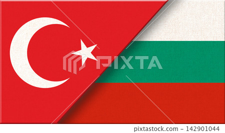Double flag of Turkey and Bulgaria on fabric texture - 3D illustration. Double flag of Turkey and Bulgaria on fabric texture - 3D illustration. 142901044
