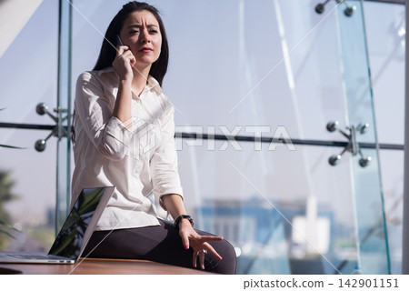 Middle Eastern businesswoman on phone in modern glass office during startup meeting and remote work Middle Eastern businesswoman on phone in modern glass office during startup meeting and remote work 142901151