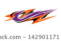 Abstract race car decal with purple and orange tribal flame shapes for automotive vinyl wrapping and high speed vehicle liveries. 142901171