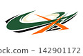 Vehicle racing decal with green and orange angular abstract shapes for custom automotive wrapping and speed sport body designs. 142901172