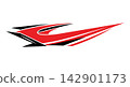 Red and black aggressive racing car decal with sharp motion lines for motorcycle wrapping and vehicle speed styling liveries. 142901173
