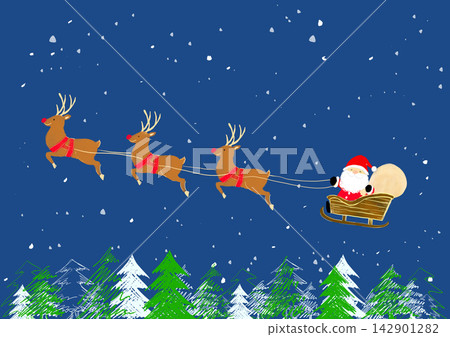 Santa Claus and his reindeer flying over a forest of fir trees Santa Claus and his reindeer flying over a forest of fir trees 142901282
