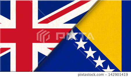 Double flag of United Kingdom and Bosnia and Herzegovina on fabric texture Double flag of United Kingdom and Bosnia and Herzegovina on fabric texture 142901419