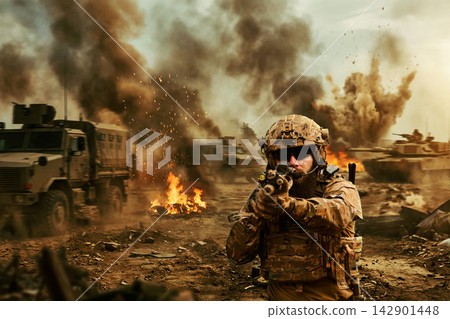 Armed Soldier in Desert Battlefield Aiming Rifle Amid Smoke, Fire, Military Vehicles, Combat Armed Soldier in Desert Battlefield Aiming Rifle Amid Smoke, Fire, Military Vehicles, Combat 142901448