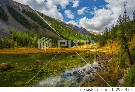 Adventure hiking destination with pristine alpine lake and wilderness camping route Adventure hiking destination with pristine alpine lake and wilderness camping route 142901456