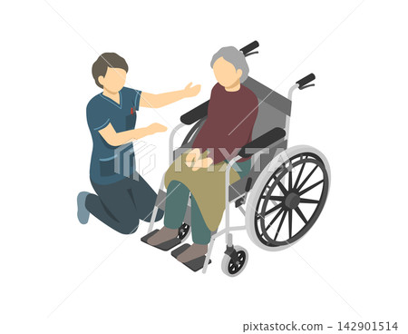 等距插圖:一位護理員正在與一位坐在輪椅上的老婦人交談。 等距插圖:一位護理員正在與一位坐在輪椅上的老婦人交談。 142901514
