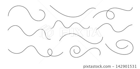 Curved line hand drawn set black thin wave strokes swirl elements isolated on white background. 142901531