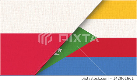 Double flag of Poland and Comoros on fabric texture - 3D illustration. Double flag of Poland and Comoros on fabric texture - 3D illustration. 142901661