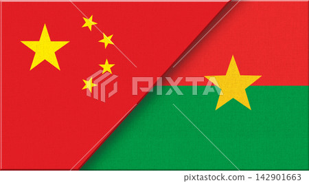 Double flag of China and Burkina Faso on fabric texture - 3D illustration. Double flag of China and Burkina Faso on fabric texture - 3D illustration. 142901663