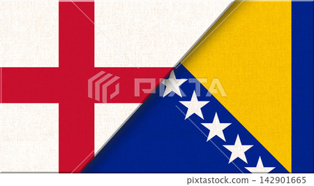 Double flag of England and Bosnia and Herzegovina on fabric - 3D illustration. Double flag of England and Bosnia and Herzegovina on fabric - 3D illustration. 142901665