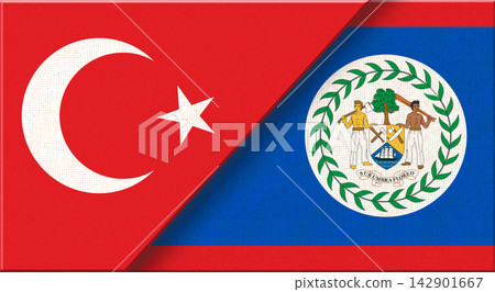 Double flag of Turkey and Belize on fabric texture - 3D illustration. 142901667