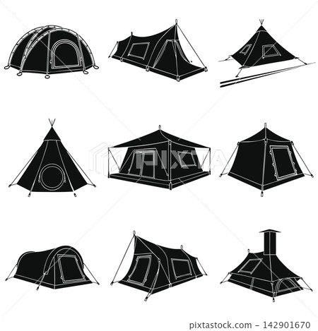 The image shows a set of nine black-and-white vector illustrations depicting various styles of camping tents The image shows a set of nine black-and-white vector illustrations depicting various styles of camping tents 142901670