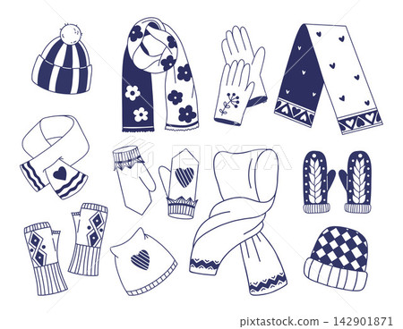 Winter Clothes Set with Hats, Scarves, Mittens and Gloves. Knitted Apparel Doodle Collection. Isolated Navy Blue Hand Drawn for Christmas Design, Scrapbooking and Print. Vector Illustration. Winter Clothes Set with Hats, Scarves, Mittens and Gloves. Knitted Apparel Doodle Collection. Isolated Navy Blue Hand Drawn for Christmas Design, Scrapbooking and Print. Vector Illustration. 142901871