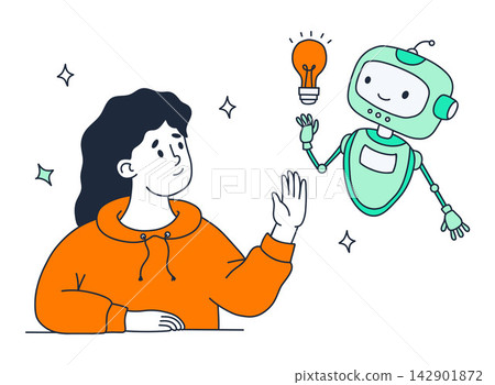 AI Idea Generation With Robot Assistant And Freelancer Woman. Remote Worker Brainstorming With Artificial Intelligence Chatbot For Business And Learning Concept. Vector Illustration. Color Hand Drawn AI Idea Generation With Robot Assistant And Freelancer Woman. Remote Worker Brainstorming With Artificial Intelligence Chatbot For Business And Learning Concept. Vector Illustration. Color Hand Drawn 142901872