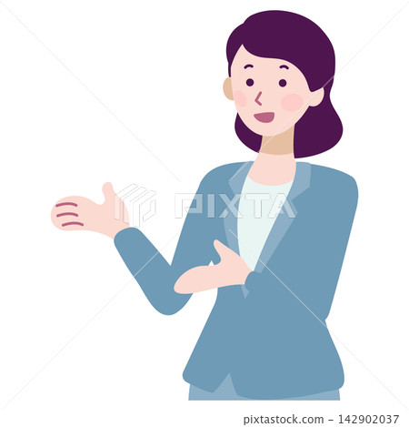 一幅插畫,描繪了一位微笑的女商人正在指路和介紹。 一幅插畫,描繪了一位微笑的女商人正在指路和介紹。 142902037