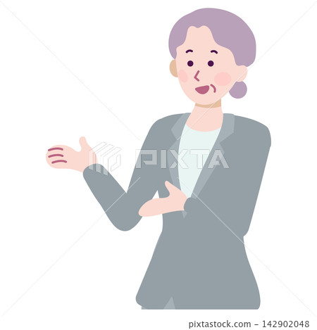 插圖描繪了一位面帶微笑的高級女商務人士一邊指引方向一邊進行講解。 142902048